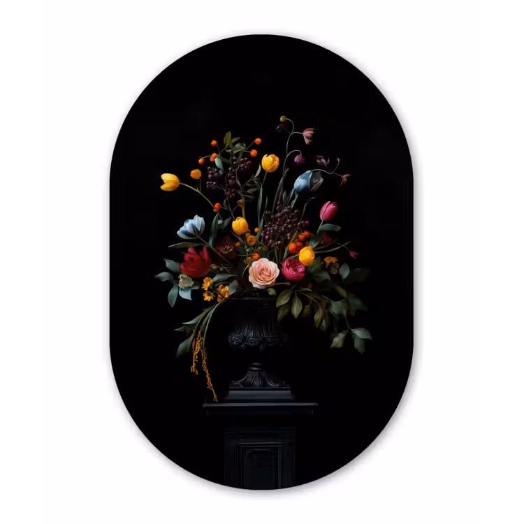 Klassiek - Vaas - Boeket - Bloemen Wandcirkel Ovaal Aluminium middel -3d