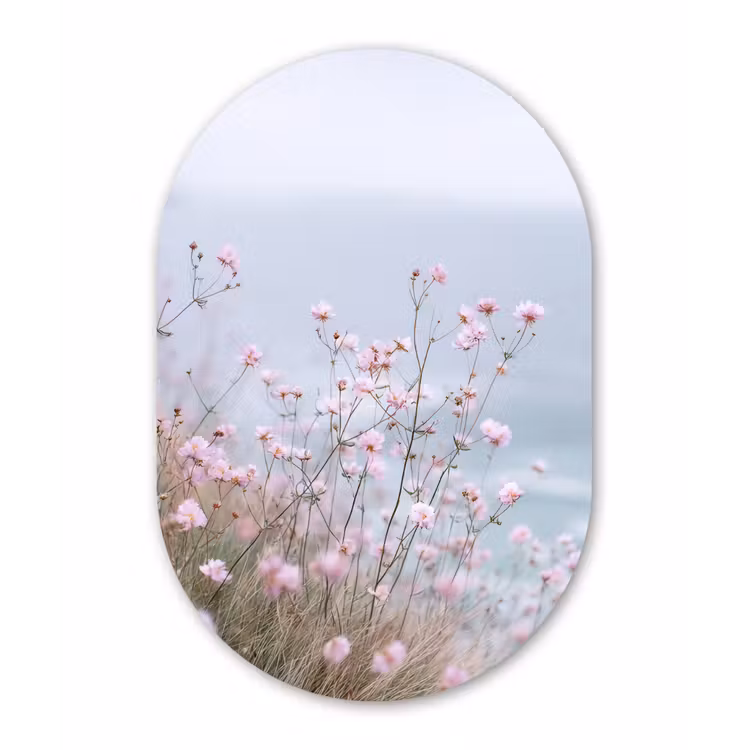Klif - Bloemen - Zee - Roze Wandcirkel Ovaal Aluminium middel -3d