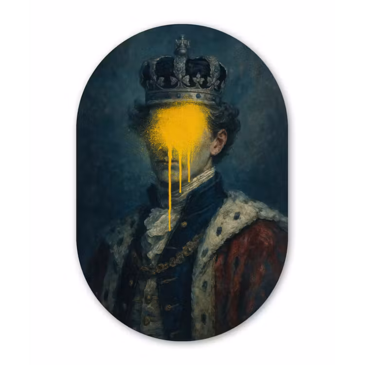 Koning - Portret - Druipende gele verf Wandcirkel Ovaal Aluminium middel -3d