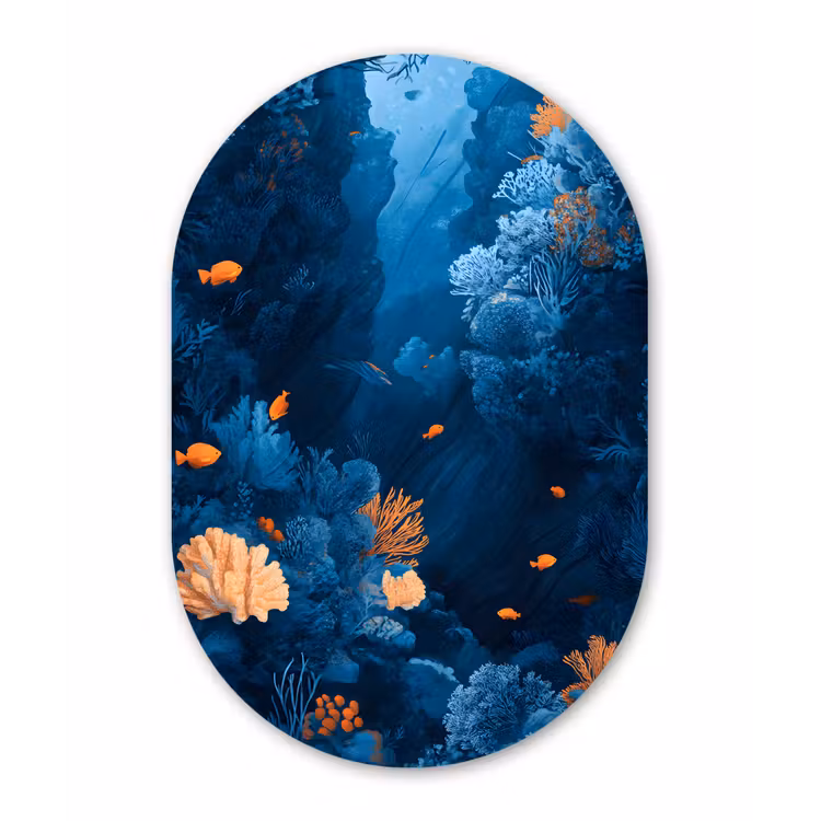 Koraalrif - Vissen - Oceaan - Blauw Wandcirkel Ovaal Aluminium middel -3d