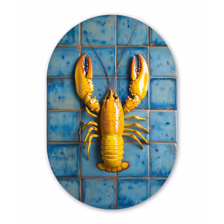Kreeft - Geel - Blauw - Tegels Wandcirkel Ovaal Aluminium middel -3d