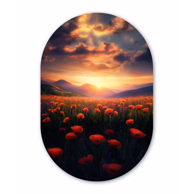 Landschap - Zonsondergang - Bloemenveld Wandcirkel Ovaal Aluminium middel -3d
