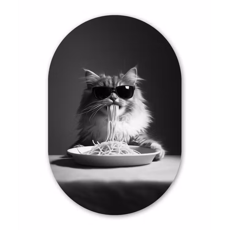 Langharige kat - Zonnebril - Spaghetti - Humor - Zwart - wit Wandcirkel Ovaal Aluminium middel -3d