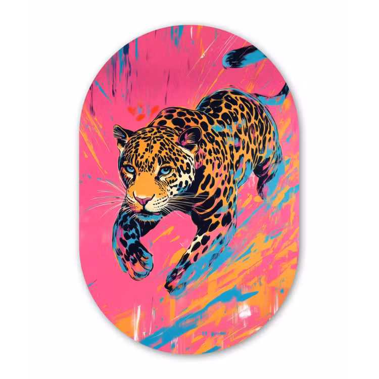 Luipaard - Roze - Oranje - Blauw - Verf Wandcirkel Ovaal Aluminium middel -3d