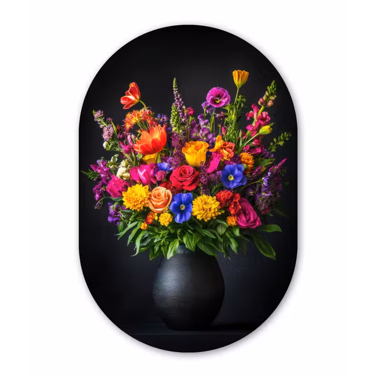 Felgekleurd - Bloemen - Vaas Wandcirkel Ovaal Aluminium middel -3d