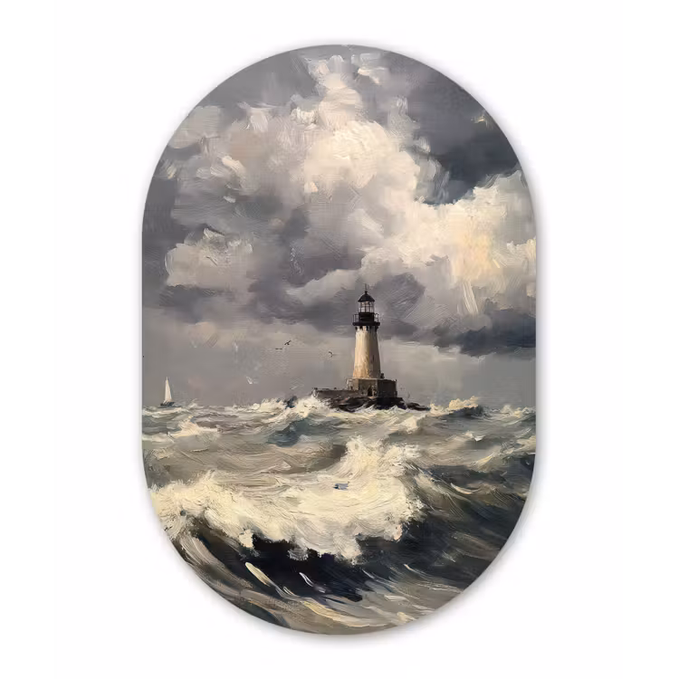 Vuurtoren - Golven - Storm Wandcirkel Ovaal Aluminium middel -3d