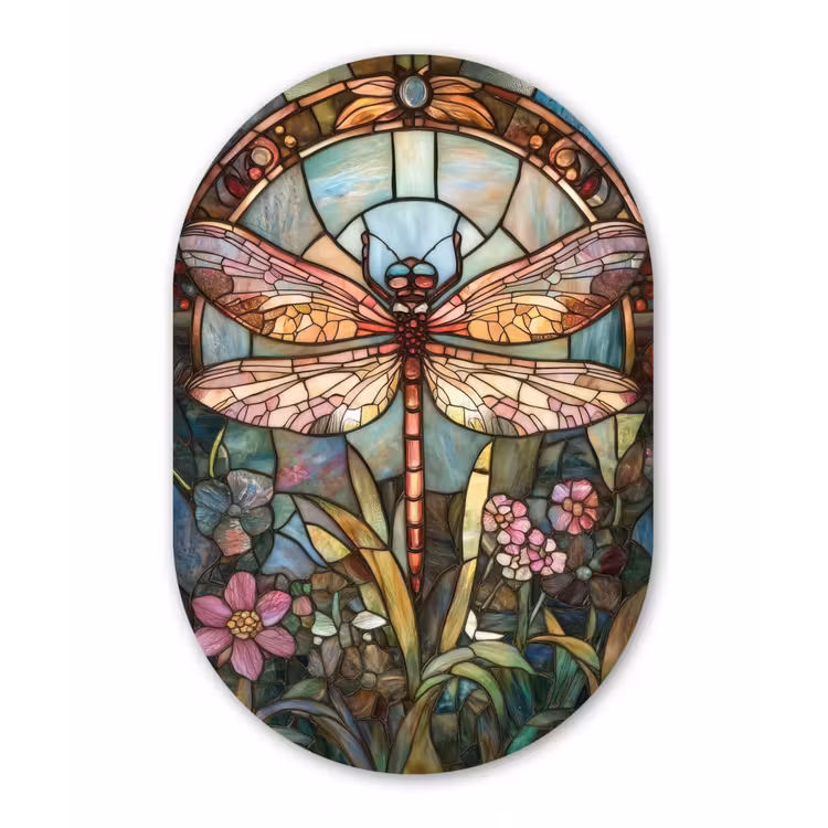 Libelle - Mozaïek - Bloemen - Kleurrijk Wandcirkel Ovaal Aluminium middel -3d