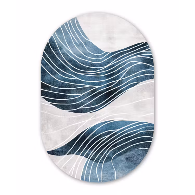 Lijnen - Golven - Abstract - Blauw Wandcirkel Ovaal Aluminium middel -3d