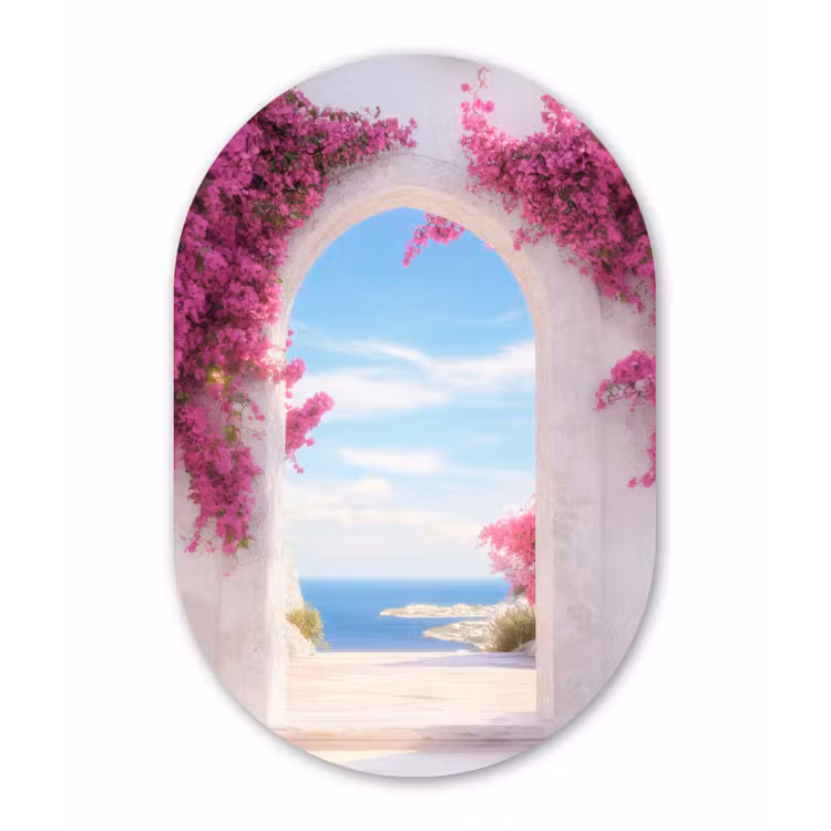 Zee - Roze - Bloemen - Poort Wandcirkel Ovaal Aluminium middel -3d