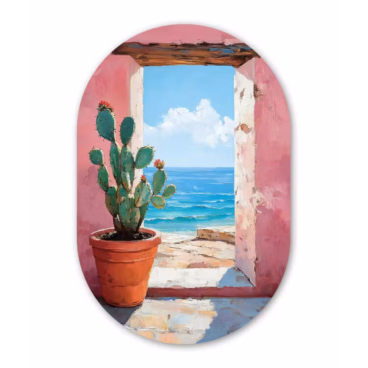 Zee - Roze - Cactus Wandcirkel Ovaal Aluminium middel -3d