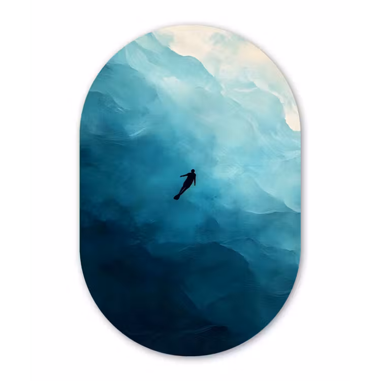 Zee - Silhouet - Abstract - Blauw Wandcirkel Ovaal Aluminium middel -3d