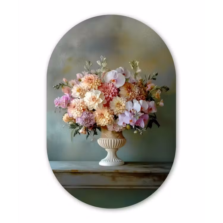 Orchidee - Boeket - Vaas - Bloemen Wandcirkel Ovaal Aluminium middel -3d