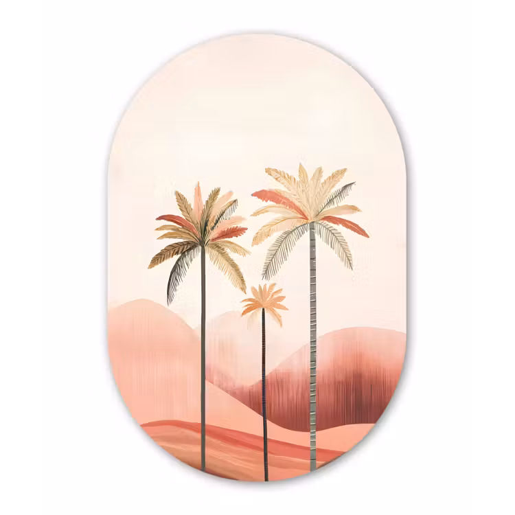 Palmbomen - Heuvels - Minimalistisch - Zachtroze Wandcirkel Ovaal Aluminium middel -3d