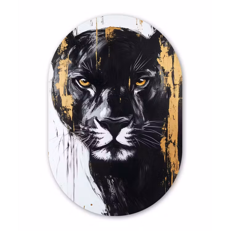 Panter - Zwart - Abstract - Verfstreken Wandcirkel Ovaal Aluminium middel -3d