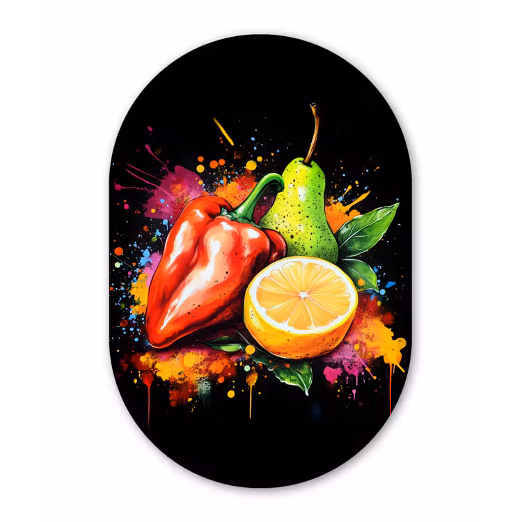 Paprika - Peer - Citroen - Graffiti - Verf - Abstract Wandcirkel Ovaal Aluminium middel -3d