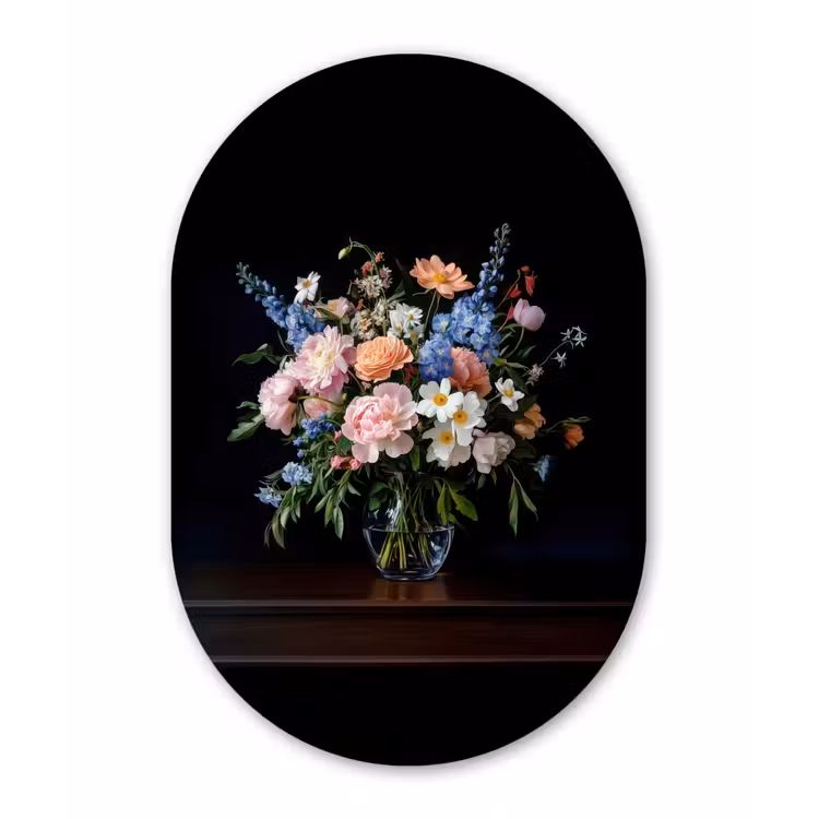 Pastel - Bloemen - Glazen - Vaas Wandcirkel Ovaal Aluminium middel -3d