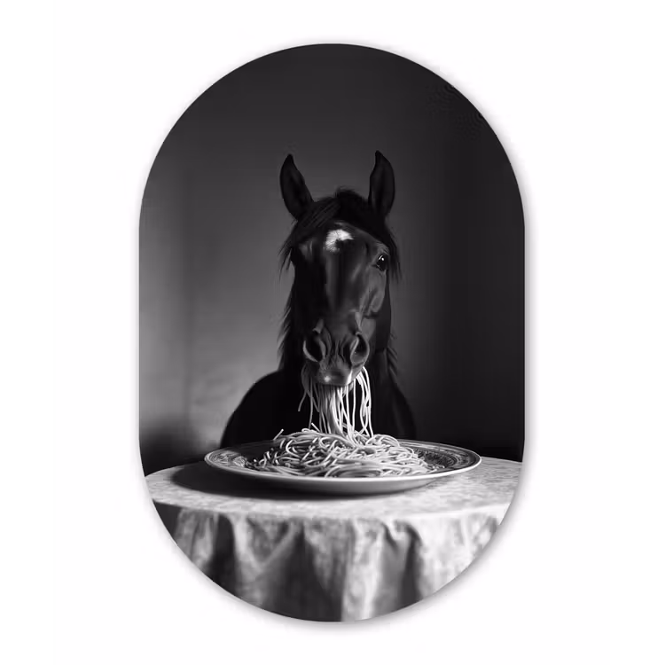 Paard - Bord - Pasta - Tafelkleed - Zwart Wit - Dieren Wandcirkel Ovaal Aluminium middel -3d