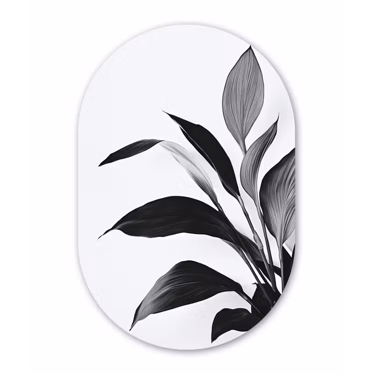 Plant - Bladeren - Minimalistisch - Zwart Wandcirkel Ovaal Aluminium middel -3d