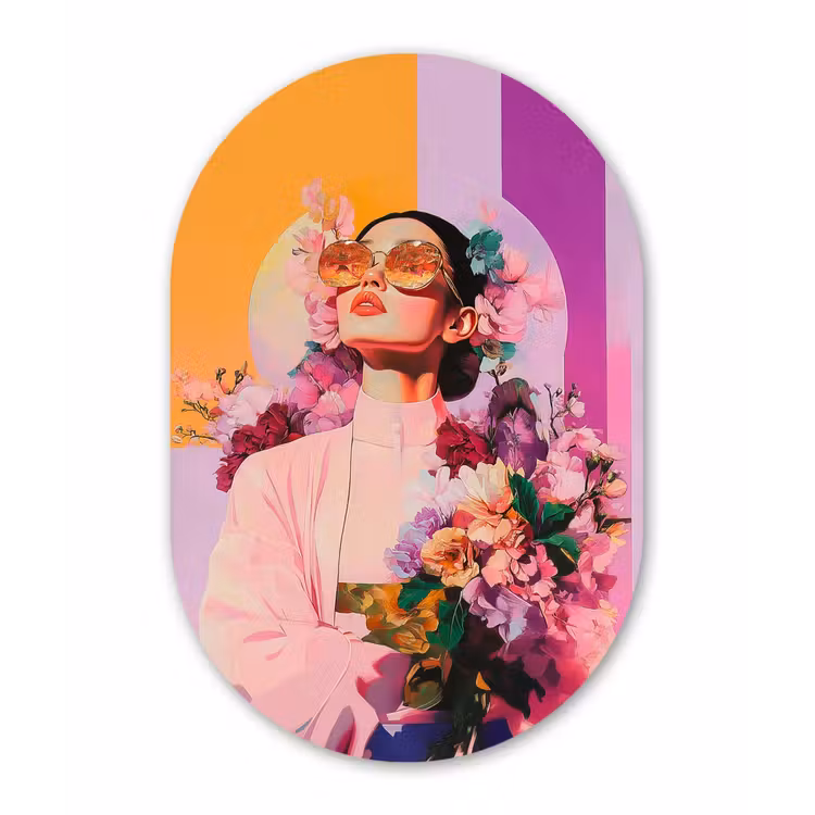 Portret - Vrouw - Abstract - Bloemen Wandcirkel Ovaal Aluminium middel -3d