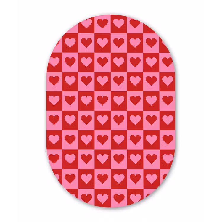 Rood - Roze - Schaakbord - Valentijn Wandcirkel Ovaal Aluminium middel -3d