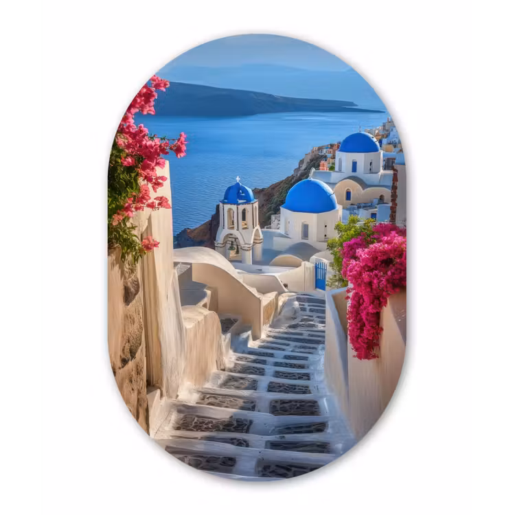 Santorini - Bloemen - Griekenland Wandcirkel Ovaal Aluminium middel -3d