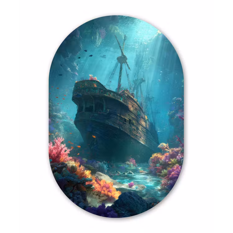 Schip - Hout - Koraalriffen - Zonlicht Wandcirkel Ovaal Aluminium middel -3d