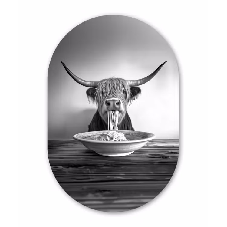 Schotse Hooglander - Spaghetti - Dieren - Zwart wit Wandcirkel Ovaal Aluminium middel -3d