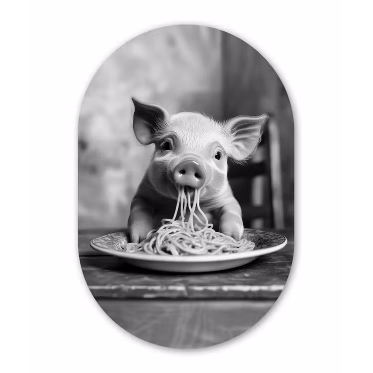 Varken - Schattig - Spaghetti - Zwart wit - Dier Wandcirkel Ovaal Aluminium middel -3d