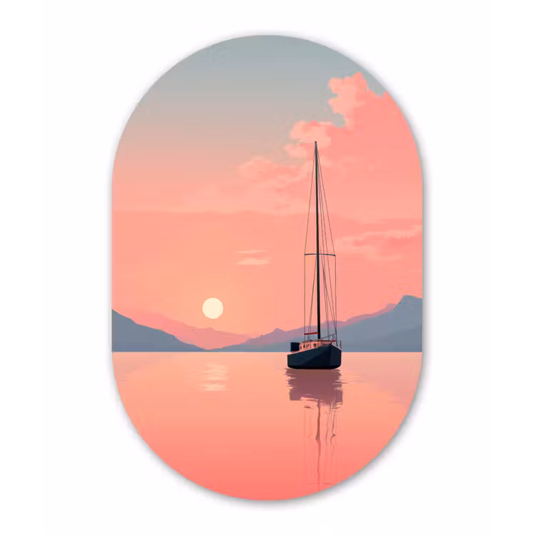 Zeilboot - Roze zee - Zonsondergang - Bergen Wandcirkel Ovaal Aluminium middel -3d