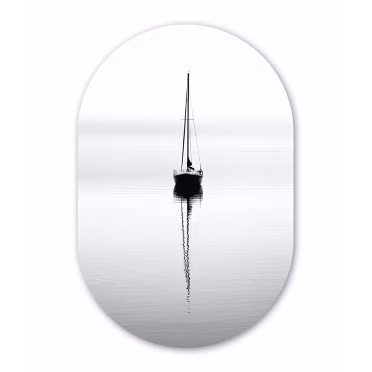 Zeilboot - Zwart - Water - Silhouet Wandcirkel Ovaal Aluminium middel -3d