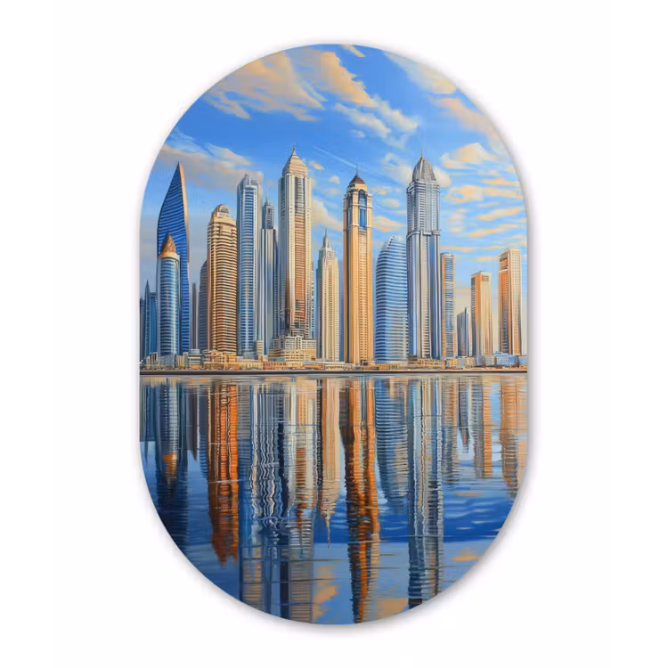 Skyline - Wolkenkrabbers - Water - Blauw Wandcirkel Ovaal Aluminium middel -3d