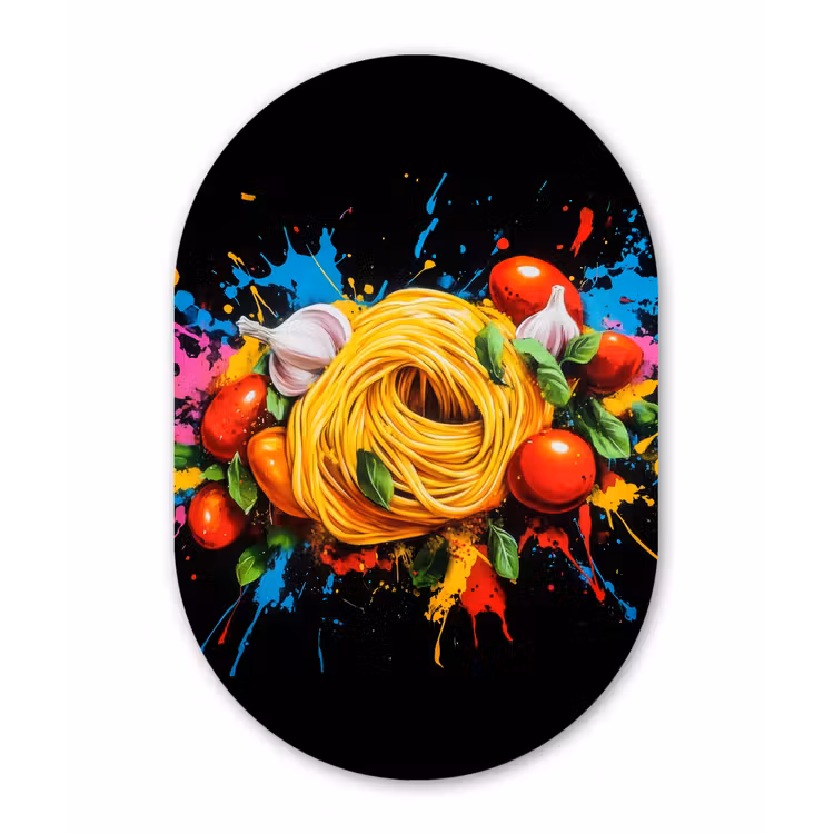 Spaghetti - Graffiti - Verf - Kleurrijk - Eten - Modern Wandcirkel Ovaal Aluminium middel -3d