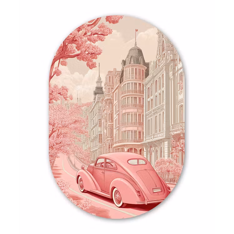 City - Car - Pink Wandcirkel Ovaal Aluminium middel -3d