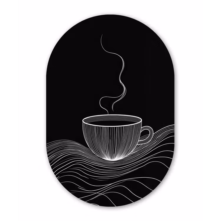 Lijntekening - Koffiekop - Zwart Wandcirkel Ovaal Aluminium middel -3d