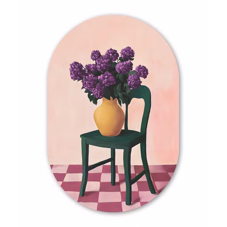 Stoel - Vaas - Bloemen - Geblokt Wandcirkel Ovaal Aluminium middel -3d