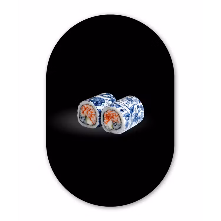 Sushi - Delfts blauw - Rijst - Vis - Elegant Wandcirkel Ovaal Aluminium middel -3d