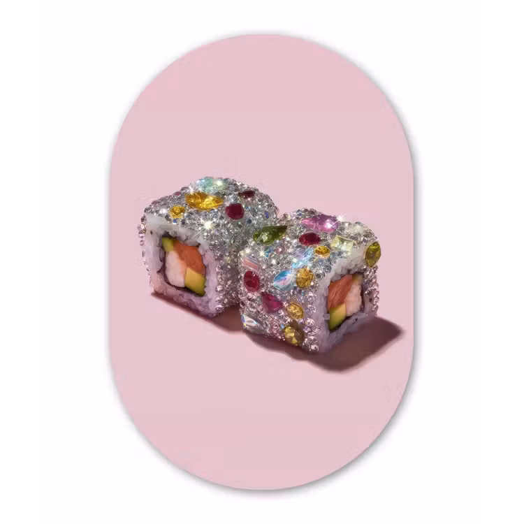Sushi - Rolletjes - Steentjes - Kleurrijk Wandcirkel Ovaal Aluminium middel -3d