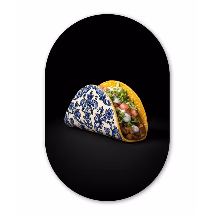 Taco - Vlees - Salade - Delftsblauw - Motief Wandcirkel Ovaal Aluminium middel -3d