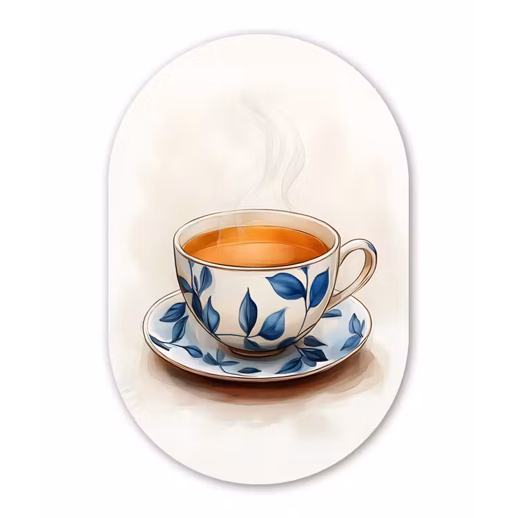 Theekop - Bladeren - Blauw Wandcirkel Ovaal Aluminium middel -3d