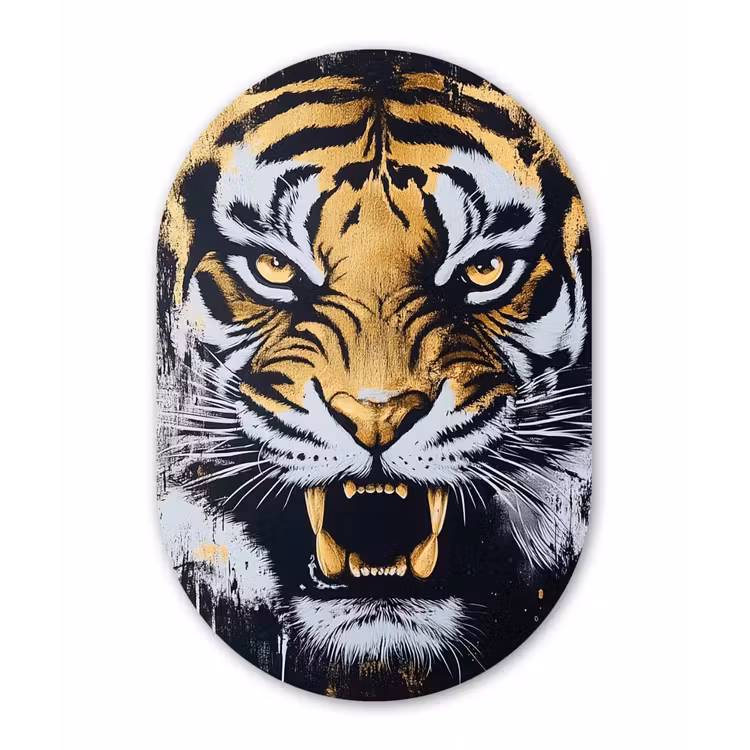 Tijger - Verfspatten - Goud Wandcirkel Ovaal Aluminium middel -3d