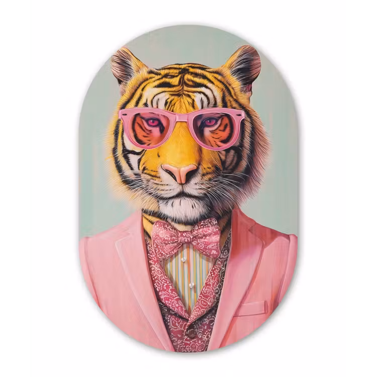 Tijger - Strik - Jasje - Roze Wandcirkel Ovaal Aluminium middel -3d