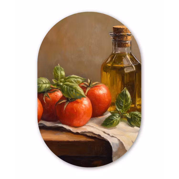 Tomaten - Olijfolie - Stilleven Wandcirkel Ovaal Aluminium middel -3d