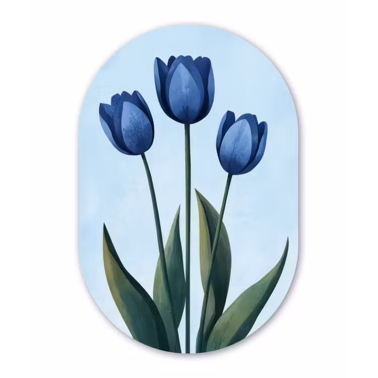 Tulpen - Blauw - Bladeren Wandcirkel Ovaal Aluminium middel -3d