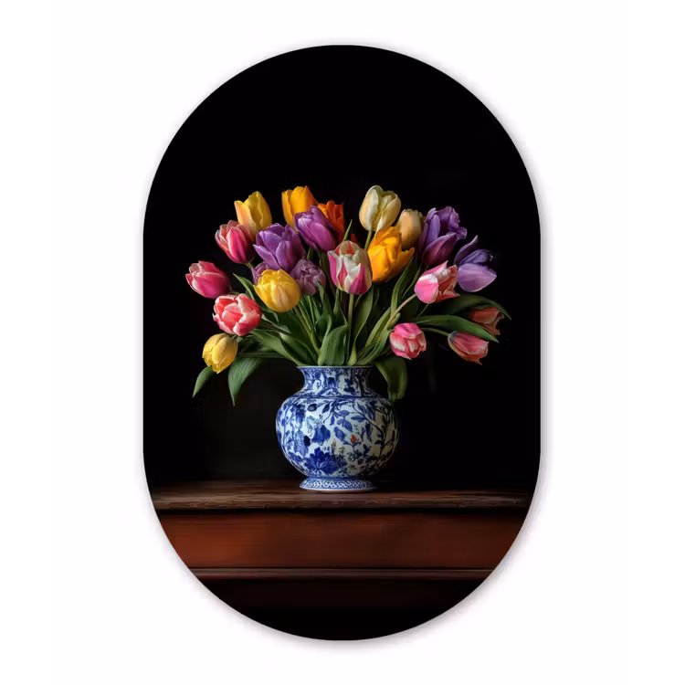Tulpen - Kleuren - Hout - Vaas Wandcirkel Ovaal Aluminium middel -3d