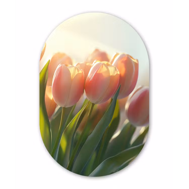 Tulpen - Roze - Zonnestralen Wandcirkel Ovaal Aluminium middel -3d