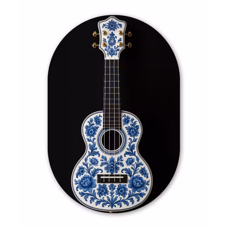 Ukelele - Delfts - Blauw - Muziek Wandcirkel Ovaal Aluminium middel -3d