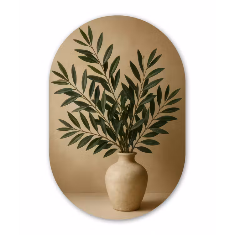Vaas - Olijftakken - Bladeren - Beige Wandcirkel Ovaal Aluminium middel -3d