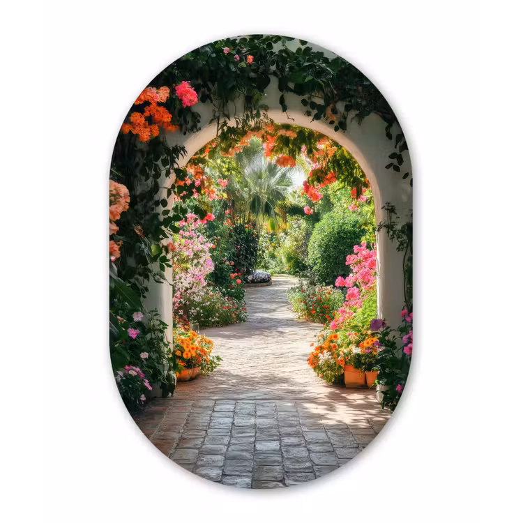 Doorkijk - Bloemen - Natuur - Bloementuin Wandcirkel Ovaal Aluminium middel -3d