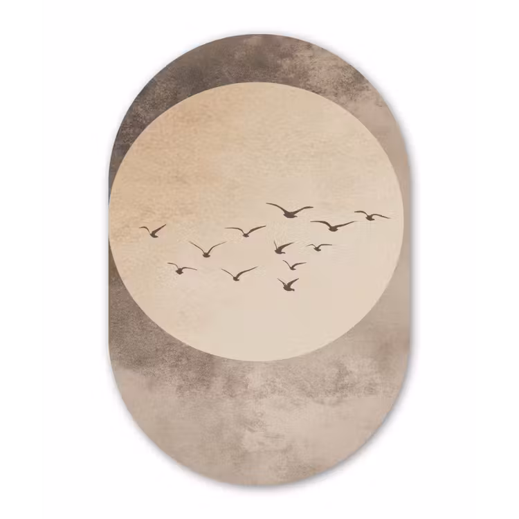 Vogel - Beige - Japandi Wandcirkel Ovaal Aluminium middel -3d