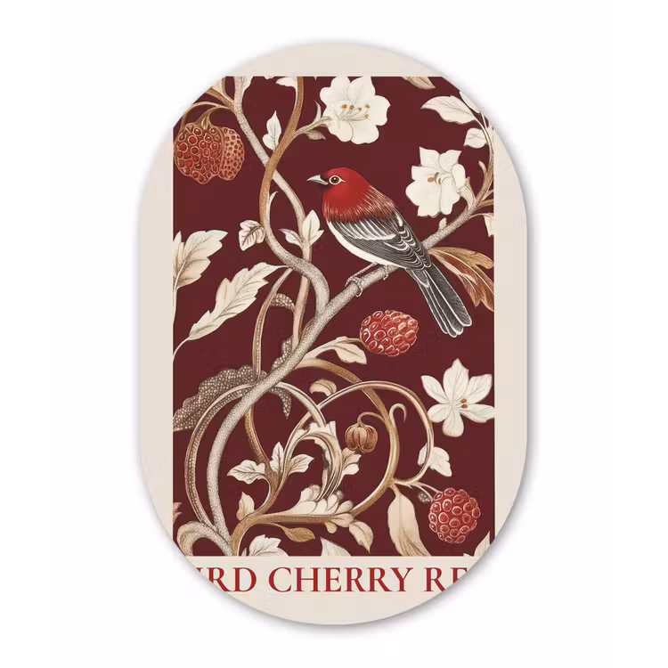 Vogel - Bordeaux - Bloemen - Bessen Wandcirkel Ovaal Aluminium middel -3d
